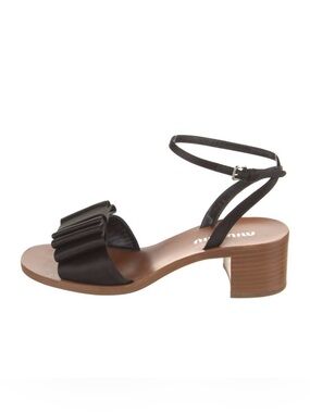 Miu Miu Black Leather Ruffle Front Ankle-Strap Sandal